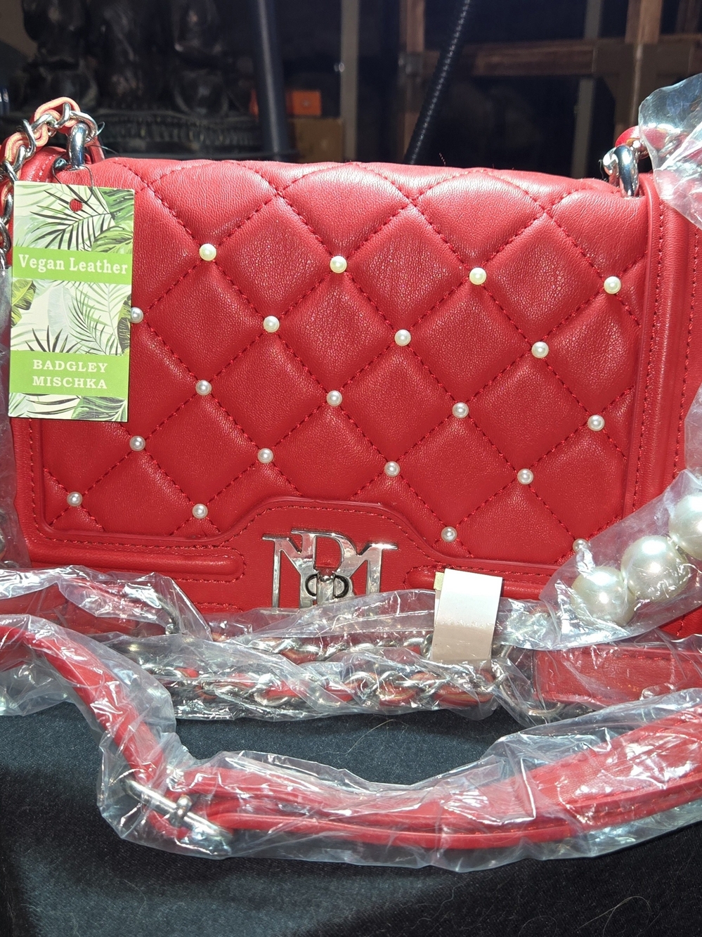 Badgley Mischka Red Quilted Vegan Leather Crossbody Bag NWT